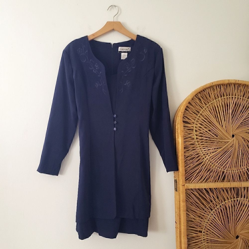 Vintage Fashion Bug Navy Blue Embroidered Dress 16p